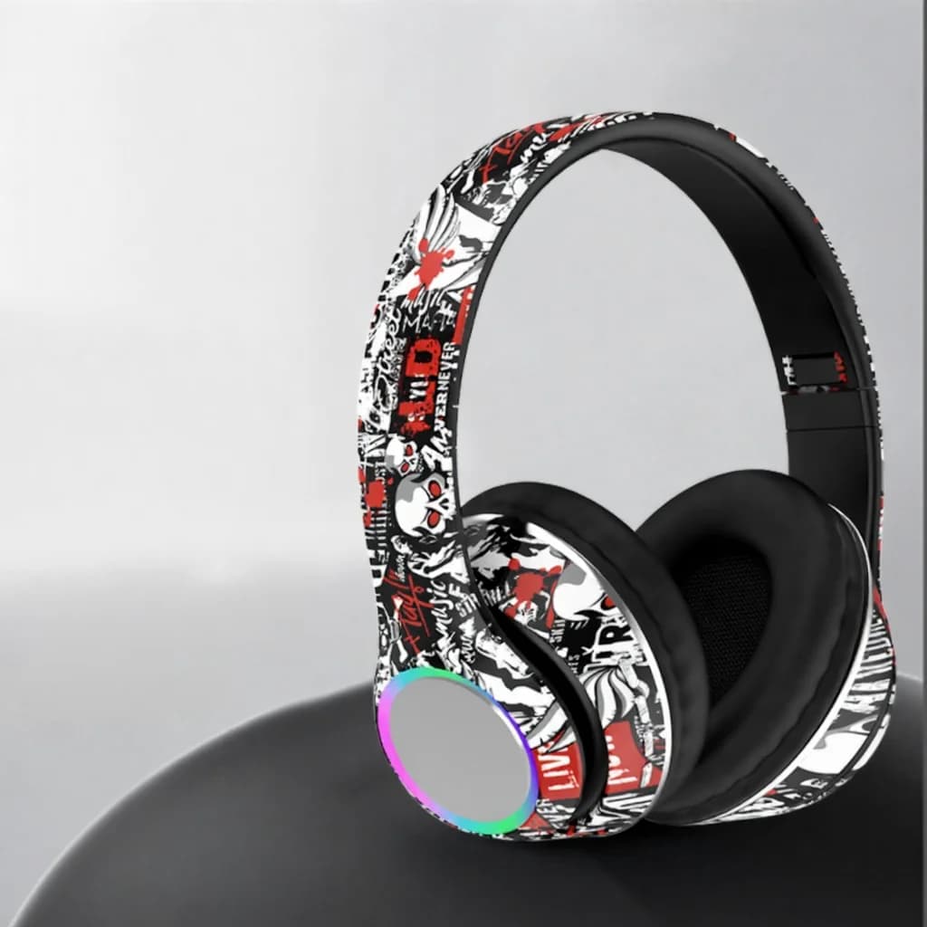 Tai nghe Bluetooth chụp tai họa tiết Graffiti, đèn LED, bass sâu