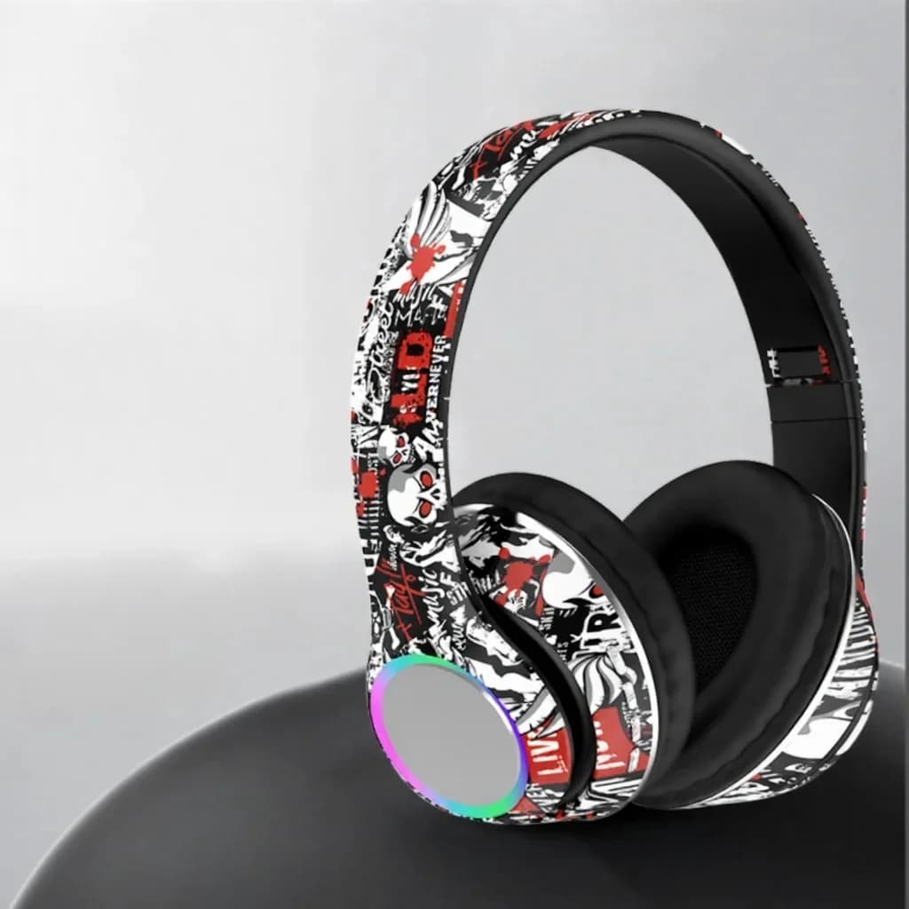 Tai nghe Bluetooth chụp tai họa tiết Graffiti, đèn LED, bass sâu