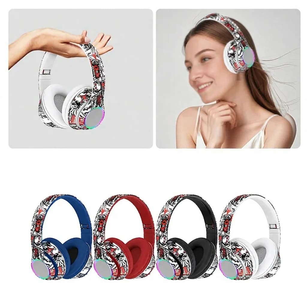 Tai nghe Bluetooth chụp tai họa tiết Graffiti, đèn LED, bass sâu