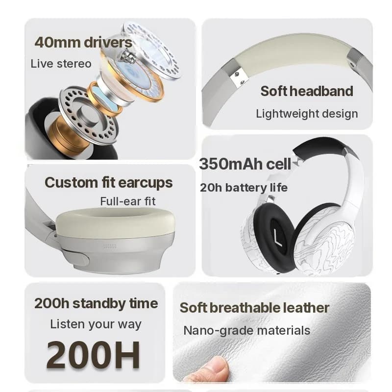 Tai nghe Bluetooth chụp tai không dây, nhiều chế độ EQ, pin trâu