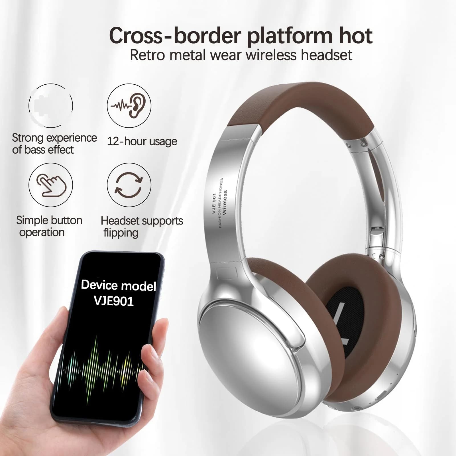 Tai nghe Bluetooth không dây chụp tai phong cách Retro có mic