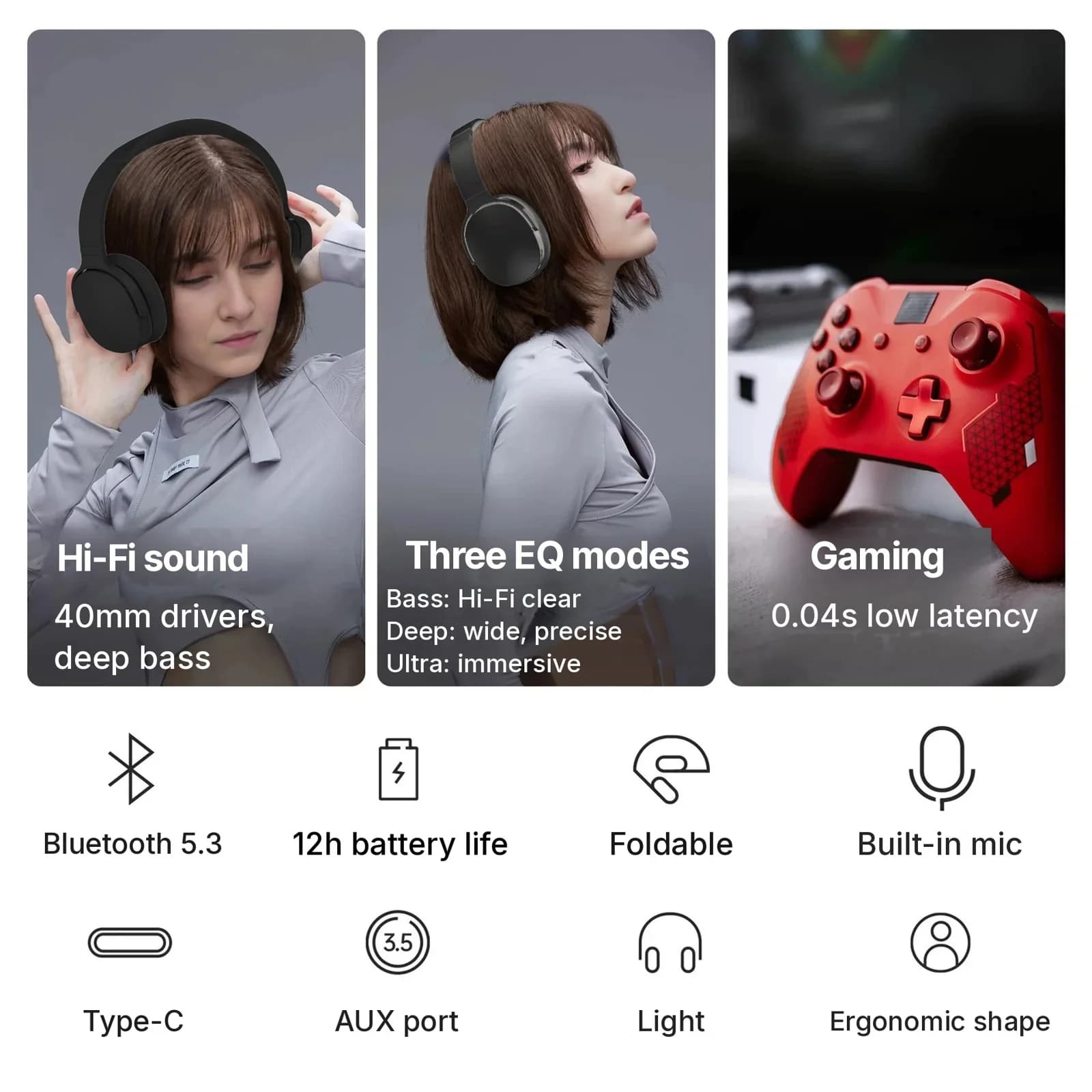 Tai nghe Bluetooth chụp tai không dây với 3 chế độ EQ và mic