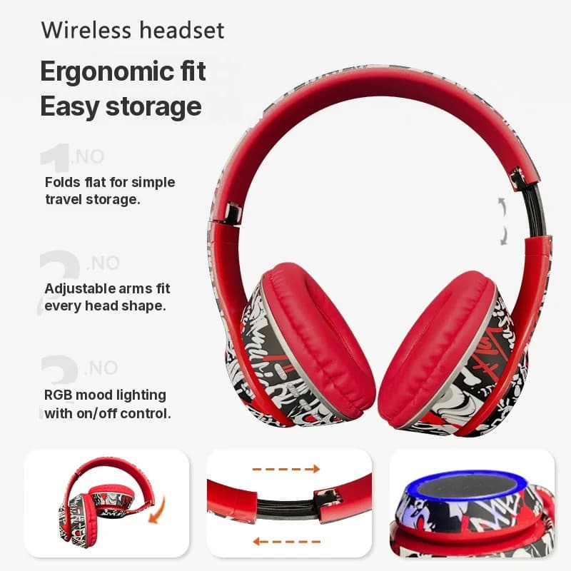 Tai nghe Bluetooth chụp tai họa tiết Graffiti, đèn LED, bass sâu