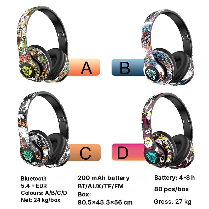 Tai nghe Bluetooth không dây chụp tai, thiết kế Graffiti gấp gọn