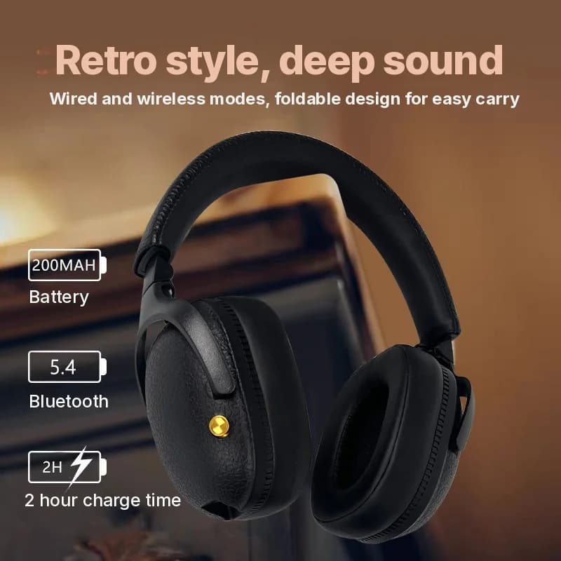 Tai nghe chụp tai không dây phong cách Retro, sạc Type-C, khe thẻ TF